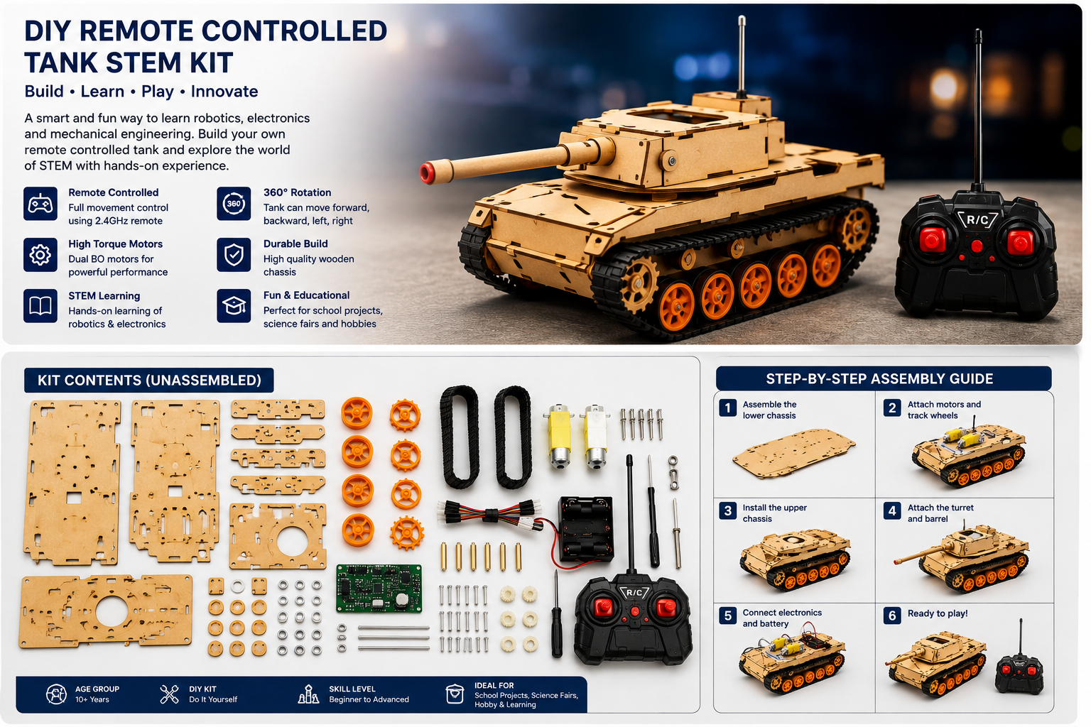 DIY remote-controlled tank STEM kit with wooden chassis, tracks, gears, dual BO motors and 2.4GHz remote.