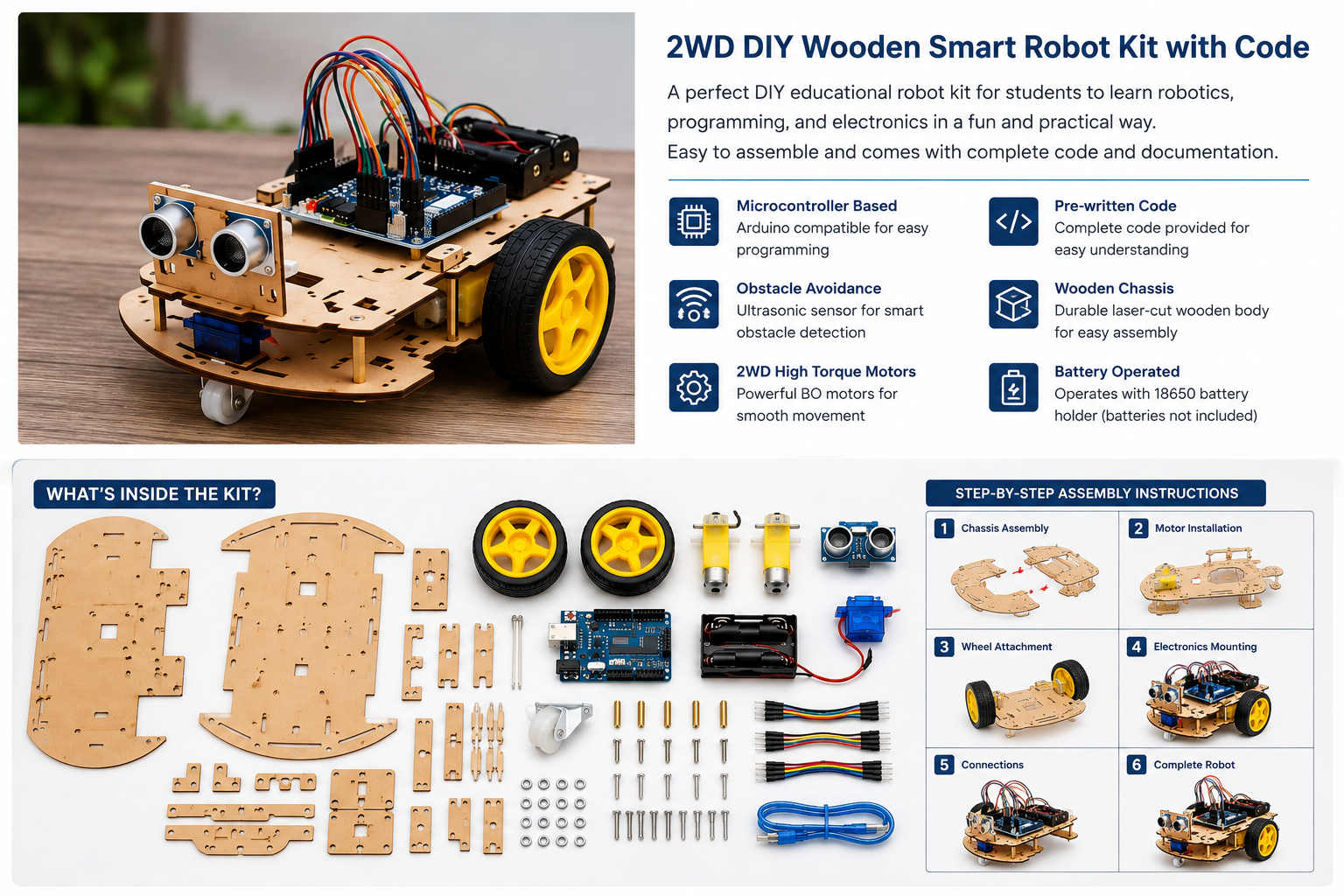 2WD DIY wooden smart robot kit with Arduino-compatible board, ultrasonic sensor, servo and pre-written code.